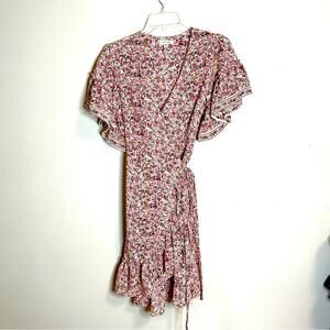 Max Studio Floral Flirty Romantic Ruffle Hem Wrap Dress Pink Cream Womens XS